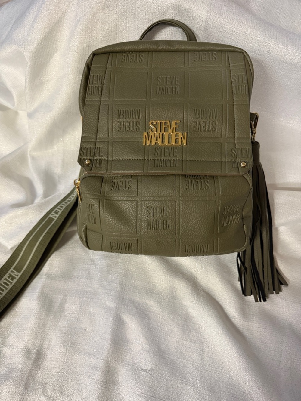 Steve Madden Olive Textured Logo Mini Backpack with Tassel